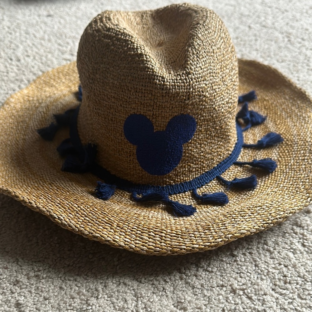 Universal Thread Tan Straw Fedora with Navy Tassel Trim Disney Mickey